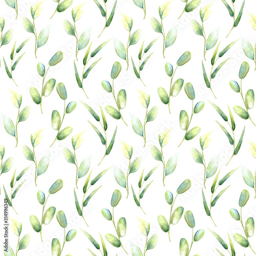 Botany leaves green watercolor seamless pattern on a white background for dizan