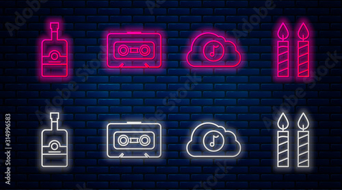 Set line Retro audio cassette tape , Music streaming service , Whiskey bottle and Birthday cake candles . Glowing neon icon on brick wall. Vector