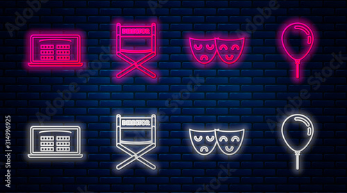 Set line Director movie chair , Comedy and tragedy theatrical masks , Buy cinema ticket online and Balloon with ribbon . Glowing neon icon on brick wall. Vector