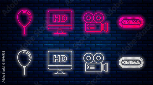 Set line Computer PC monitor with HD video technology , Cinema camera , Balloon with ribbon and Cinema poster design template . Glowing neon icon on brick wall. Vector
