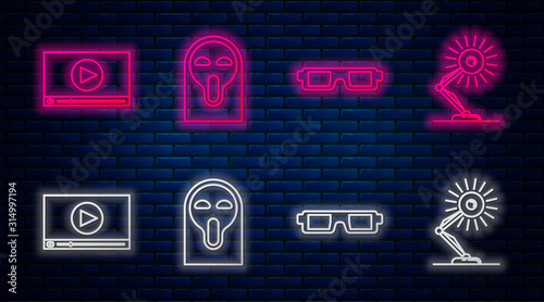 Set line Funny and scary ghost mask, 3D cinema glasses , Online play video and Table lamp . Glowing neon icon on brick wall. Vector