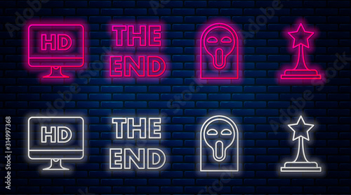 Set line The End handwritten inscription , Funny and scary ghost mask, Computer PC monitor with HD video technology and Movie trophy . Glowing neon icon on brick wall. Vector