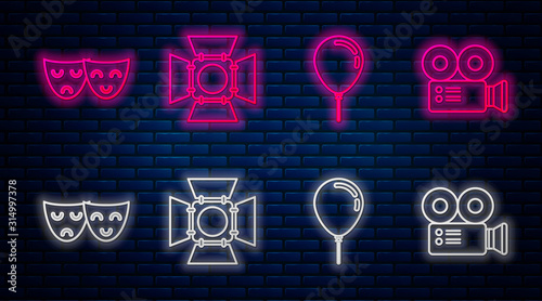 Set line Movie spotlight , Balloon with ribbon , Comedy and tragedy theatrical masks and Cinema camera . Glowing neon icon on brick wall. Vector