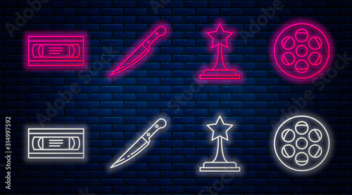Set line Knife , Movie trophy , VHS video cassette tape and Film reel . Glowing neon icon on brick wall. Vector