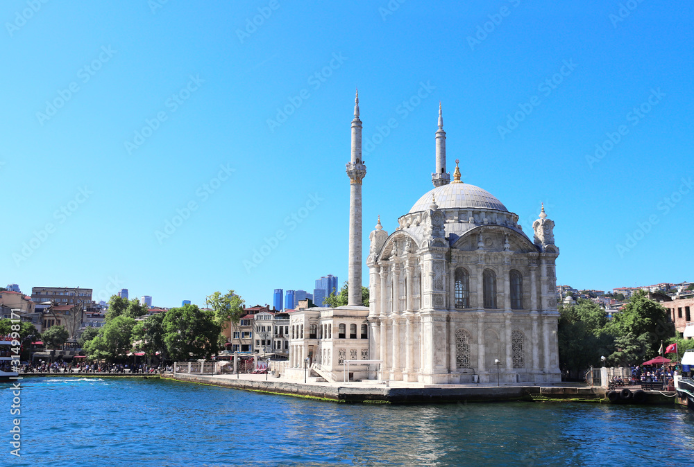 View from Bosphorus on Ortakoy Mosque, Istanbul, Turkey