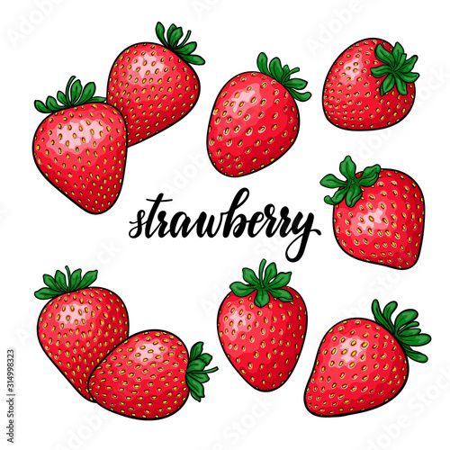 set of Beautiful cartoon red strawberry with lettering text strawberry. symbol of summer. design for holiday greeting card and invitation of seasonal summer holidays, beach parties, tourism and travel