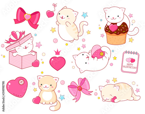 Set of cute Valentine's day stickers with cats in kawaii style