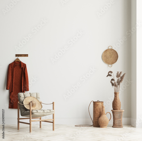 Home interior background with wicker furniture and decor, empty white wall mockup, 3d render photo
