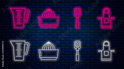 Set line Citrus fruit juicer , Spatula , Measuring cup and Kitchen apron . Glowing neon icon on brick wall. Vector