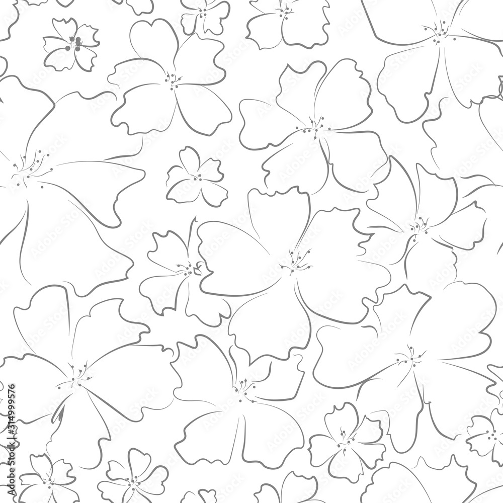 Hand drawn gray contours of abstract flowers on white background.