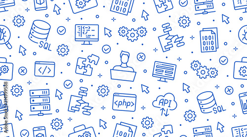 Software development seamless pattern with flat line icons. Programming language background, application, api, computer program develop vector illustration. Outline wallpaper for website design