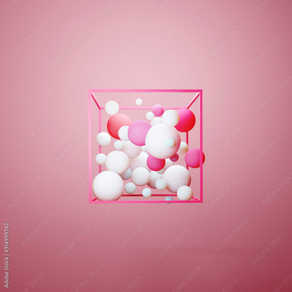 3d group of colorful pastel spheres in pink wire cube. Abstract geometric background