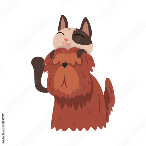 Funny Cat Lying on the Dog, Cute Pets Animals Characters are Best Friends Vector illustration