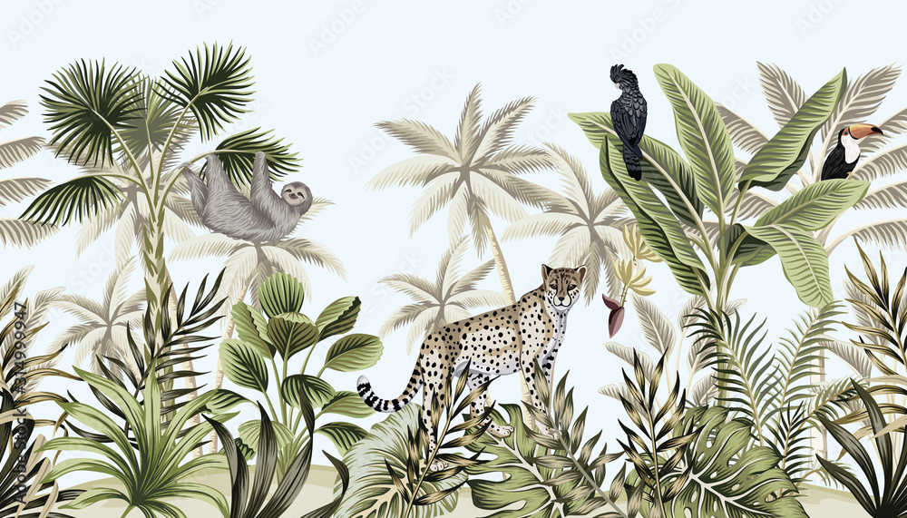 Obraz premium Tropikalny krajobraz botaniczny vintage, palmy, drzewo bananowe, rośliny, dzikie zwierzęta 