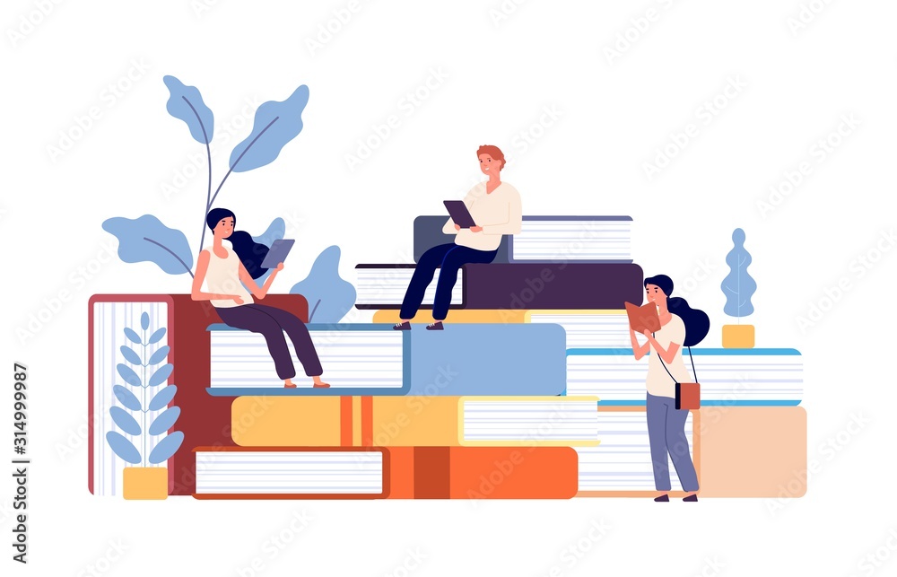 People reading books. Men women studying textbook, students learning.  Cartoon self education persons vector illustration. Education knowledge  book, read in library Stock Vector | Adobe Stock
