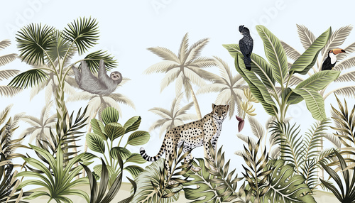 Fotografia Tropical vintage botanical landscape, palm tree, banana tree, plant, wild animals leopard, sloth, toucan, parrot floral seamless border blue background