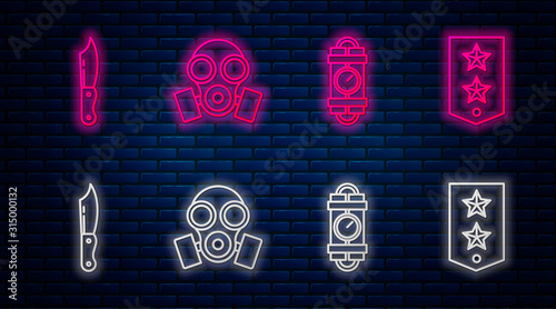 Set line Gas mask , Detonate dynamite bomb stick and timer clock, Military knife and Chevron . Glowing neon icon on brick wall. Vector