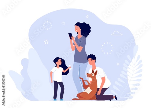 Pet owners. Happy family with dog. Mother father daughter and animal vector illustration. Owner and pet dog, man and woman