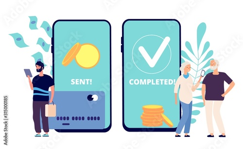Sending money. Son sends money elderly parents. Mobile transfer payments, completed transaction. Caring man vector illustration. Illustration transfer money, transaction payment