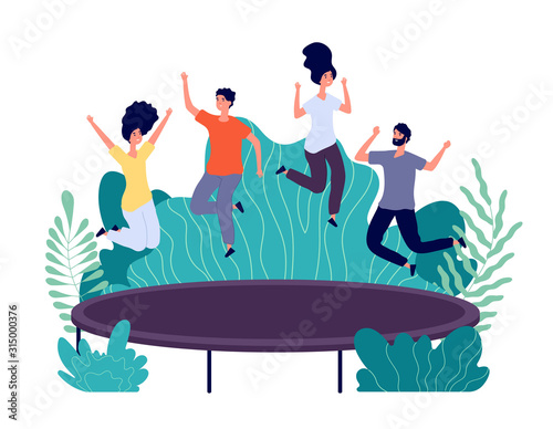 Trampoline jumping. Young happy people jump, teens activity. Entertainments in park, friends outdoor jumps. Active persons vector concept. Illustration young happy people jump trampoline in park