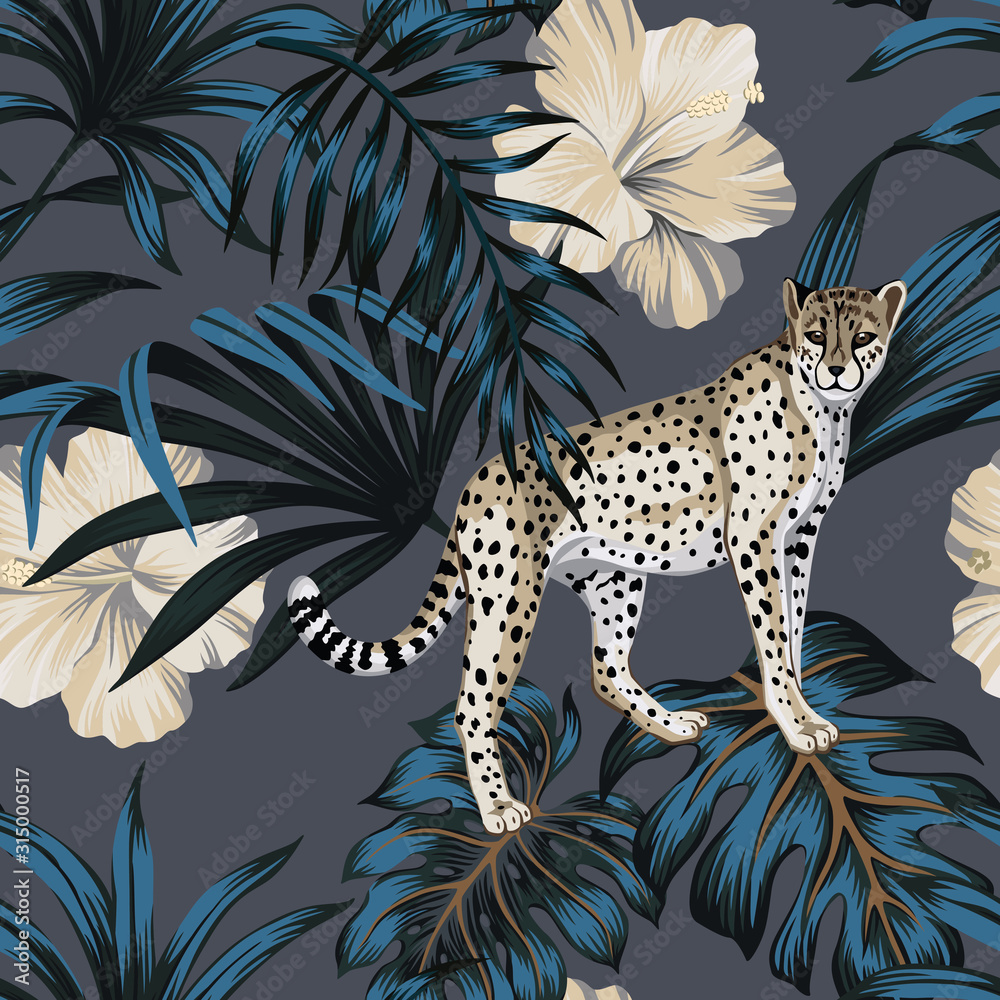 Obraz premium Tropical vintage Hawaiian dark blue palm leaves, white hibiscus flower, wild animal leopard floral seamless pattern grey background. Exotic jungle wallpaper.