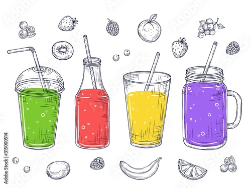 Smoothies. Fruit healthy juice, sketch drinks. Doodle green beverage, detox fresh cocktails and lemonade. Vector isolated diet shakes set. Fruit juice healthy drink, smoothie fresh shake illustration
