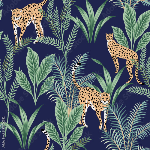 Tropical vintage leopard animal, green plant floral seamless pattern dark background. Exotic jungle wallpaper.              