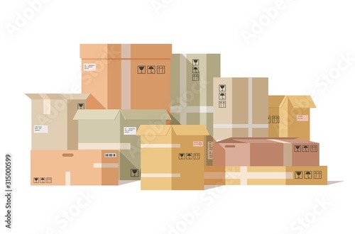 Cardboard boxes stacked. Carton box, pile fragile parcels. Warehouse shipping cargo packaging. Delivery paper package vector illustration. Carton box pack, shipping cardboard, cargo delivery packaging