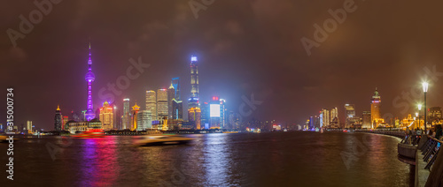 Shanghai, China - May 22, 2018: A night view of the colonial embankment skyline in Shanghai, China