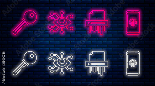 Set line Eye scan , Paper shredder confidential, Key and Smartphone with fingerprint scanner . Glowing neon icon on brick wall. Vector