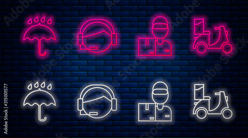 Set line Support operator in touch, Delivery man with cardboard boxes , Umbrella and rain drops and Scooter delivery . Glowing neon icon on brick wall. Vector