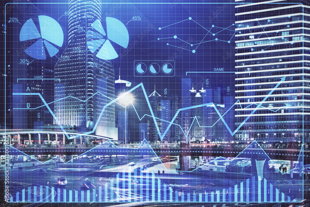 Obraz premium Financial chart on city scape with tall buildings background multi exposure. Analysis concept.