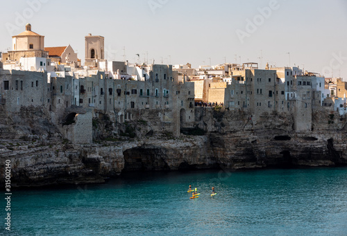 View of Polignano a mare - picturesque little town on cliffs of the Adriatic Sea. Apulia, Southern Italy