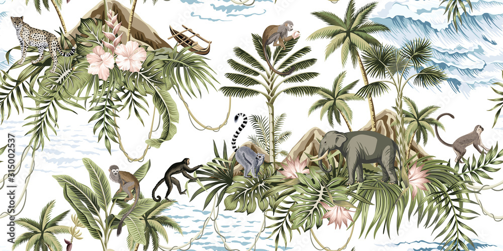 Tropical vintage botanical island, palm tree, mountain, palm leaves, hibiscus flower, elephant, monkey,sloth, leopard, lemur, summer floral seamless pattern white background.Exotic jungle wallpaper.