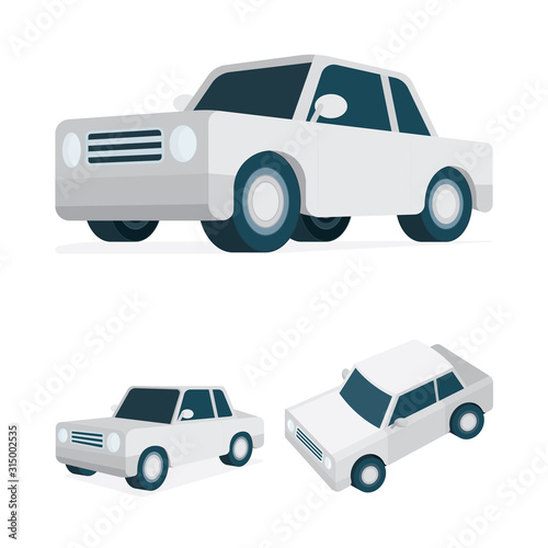 Isometric car vector illustrations collection. Low poly classic sedan car graphic. Simple drawing car top, side and front views. Part of set.
