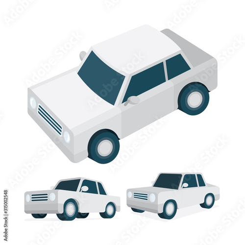 Isometric car vector illustrations collection. Low poly classic sedan car graphic. Simple drawing car top, side and front views. Part of set.
