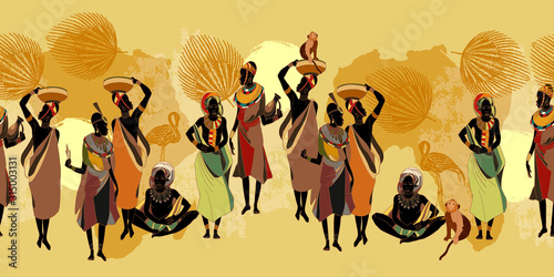 African women in national clothes horizontal seamless pattern. Beautiful black females. Tribal art. People of South Africa, vector illustration photo