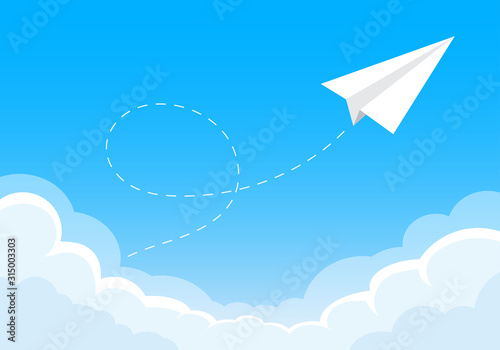 Paper plane following a path in the sky. Airplane track or route with dotted lines. Vector illustration.