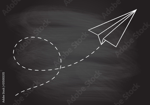 Paper plane following a path. Airplane track or route with dotted lines. Vector illustration.