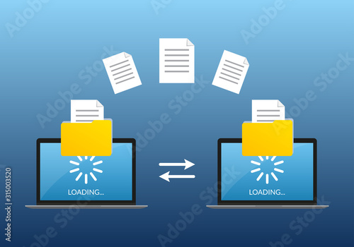 File transfer concept. Two Laptop computers with folders send and upload documents. File copy, data or information exchange design.