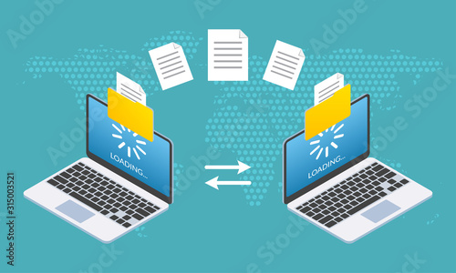 File transfer concept. Two Laptop computers with folders send and upload documents. File copy, data or information exchange design. Vector illustration.
