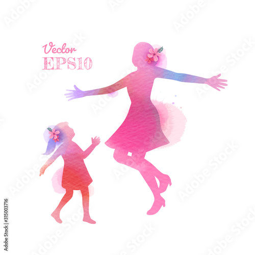 Happy mother's day. Side view of Happy mom with girl dancing together silhouette plus abstract watercolor painted.Double exposure illustration. Digital art painting. Vector illustration.