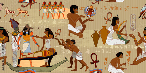 Ancient Egypt frescoes. Horizontal seamless pattern. Life of egyptians. Agriculture, workmanship, farm. History art