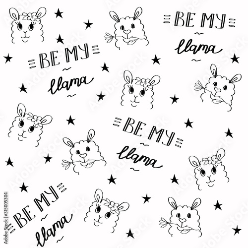 Alpaca and stars Be my llama seamless pattern. Cute hand-drawn outline animals and lettering for a fun textile print and scrapbooking paper. Stock vector illustration isolated on white background.