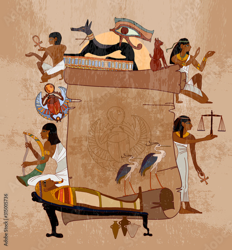 Ancient Egypt background. Old manuscript. Egyptian template. Hand drawn vector. Hieroglyphic carvings on the exterior walls temple