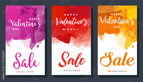 Valentine's day sale banners set with watercolor background