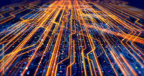 Glowing Futuristic Circuit Board Technology Illustration Render. Computer Server Network. Technology Related Concept