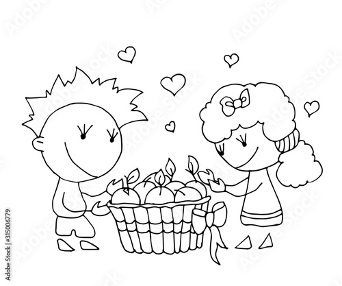 Coloring book for kids - smiling boy gives a girl a basket with apples. Be my Valentine. Valentines day. 14 February. Black and white cute cartoon hand drawing kids. Vector illustration.
