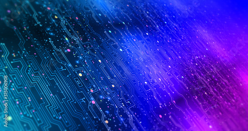 Futuristic Computer Circuit Board Illustration Render With Bokeh Effects. Technology Abstract - Technology Related Abstract Concept