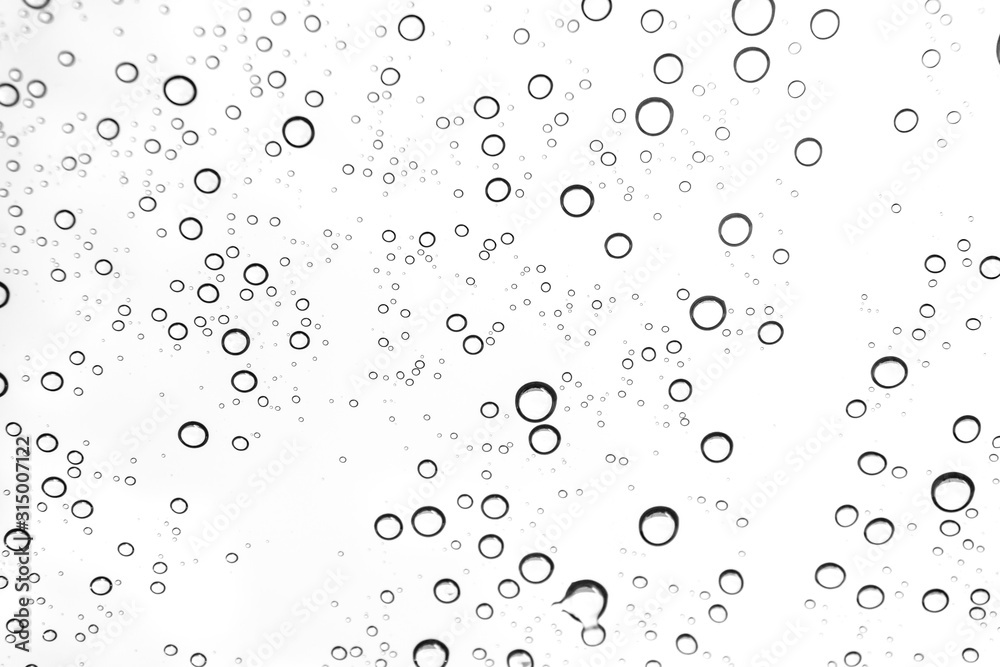 Fototapeta premium Krople deszczu na powierzchni szyby. Naturalny wzór kropel deszczu. Naturalny wzór kropel deszczu na białym tle do projektowania.